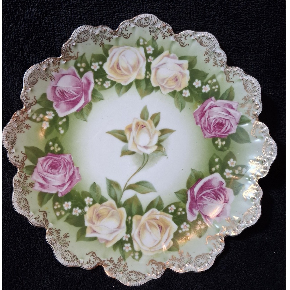 Vintage RC Malmaison Bavaria Porcelain Plate Pink Yellow Roses Gold Gilt 7.75in